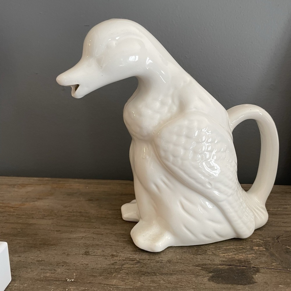 White Glazed Ceramic Duck Goose Pitcher Planter Made In Taiwan Vintage